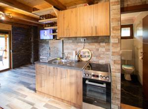 a kitchen with wooden cabinets and a sink and a stove at Brvnara Tarski pogled in Bajina Bašta