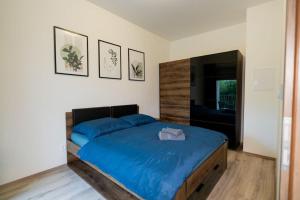 a bedroom with a bed with blue sheets and a mirror at Aurora, Banská Bystrica in Banská Bystrica