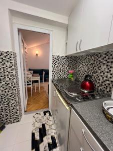 a kitchen with a stove and a dining room at Laguna apartment in Tivat