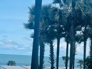 a group of palm trees in front of the ocean at Relax Oceanfront Suites in Sere Kunda