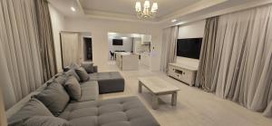 a large living room with a couch and a tv at Casa de la Lac in Baloteşti