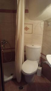 a bathroom with a white toilet and a shower at Atelier in Rethymno Town