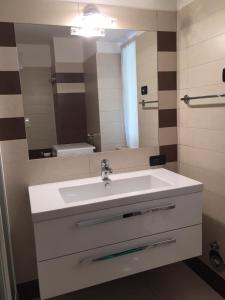 a bathroom with a white sink and a mirror at Appartamento Clelia in Pellizzano