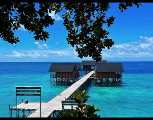 eine Anlegestelle im Meer mit Häusern im Wasser in der Unterkunft Maratua Dive Center And Lodge in Maratua Atoll