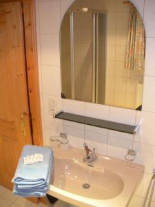 ein Bad mit einem Waschbecken und einem Spiegel in der Unterkunft Apartment Christine Öttl in Pfunds