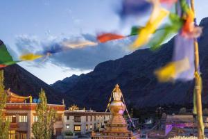 a view of a city with mountains in the background at Zamling Donkhang Tabo in Tabo