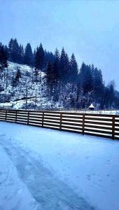 ein schneebedeckter Zaun mit Bäumen im Hintergrund in der Unterkunft The North Legend in Strîmtura