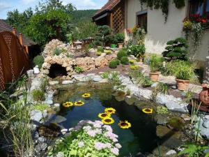 a garden with a pond with a bunch of flowers at Ferienwohnung Wassergartenparadies in Harsdorf