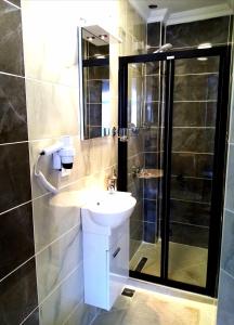 伊斯坦布尔sultanahmet musıc house的浴室配有洗手池和淋浴