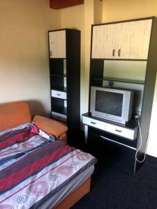 a bedroom with a bed and a tv on a stand at Penni panzió Kaposvár- répáspuszta in Kaposvár