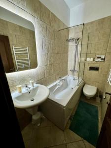 a bathroom with a sink and a tub and a toilet at Apartments Lungo Mare in Sveti Stefan