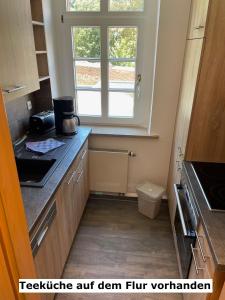 a small kitchen with a sink and a window at Appartments Zur Schlosswache Delitzsch in Delitzsch