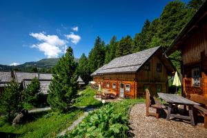 a log cabin with a picnic table in front of it at MarktlAlm Turracher Höhe in Turracher Hohe