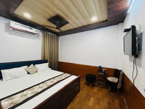 a bedroom with a bed and a tv in it at HOTEL SHIVIKA in Bikaner