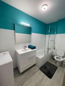 a bathroom with a sink and a shower and a toilet at Chez Marius et Rosalie in Espalion +3 photos