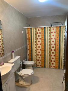 a bathroom with a toilet and a shower curtain at BIG FISH El Cóndor in Balneario El Condor