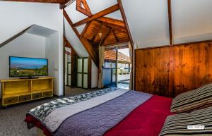 a bedroom with a bed and a flat screen tv at Beautiful Lake View Wooden House in Tiberias