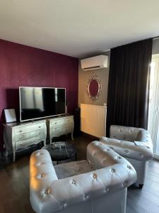 un salon avec un canapé et une télévision à écran plat dans l'établissement L'écrin des Vennes - Liège centre, à Liège