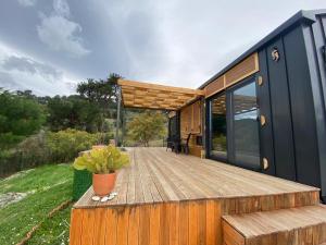 塞尔丘克Gurmefes Tiny House的一座带木甲板的别墅,种植了盆栽植物