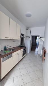 una cucina con armadi bianchi, lavandino e frigorifero di Ruheoase nähe Donaukanal a Vienna