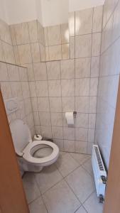 un bagno con wc e parete piastrellata di Ruheoase nähe Donaukanal a Vienna 1 altra foto