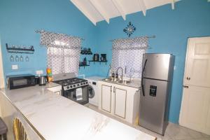 a small kitchen with a refrigerator and a sink at Tao Cozy Cottage in Soufrière
