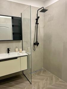 a bathroom with a shower and a sink at - Parking - Cozy City Center Studio - in Durrës +6 photos