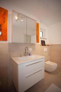 a bathroom with a sink and a toilet at Ferienwohnung Will in Bodman-Ludwigshafen