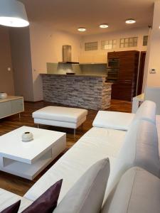 a living room with two white couches and a fireplace at Apartmán Hodžova in Trenčín