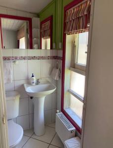 a bathroom with a sink and a toilet and a mirror at Hostal del Muelle in Valdivia