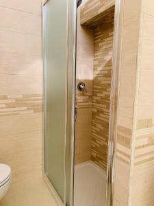a glass shower in a bathroom with a toilet at Dimora Paesana in Alberobello