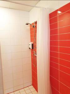 a bathroom with a shower with red tiles at Cozy Apartments in Kudjape