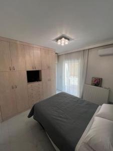 a bedroom with a bed and cabinets and a television at Modern and comfortable apartment 5km from center in Athens