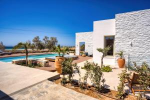 a villa with a swimming pool and palm trees at Costa Dorata Seaside villa in Chrissi Akti