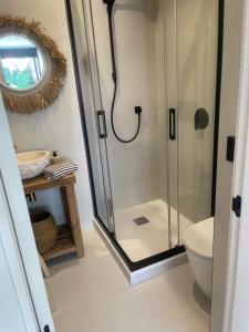 ハベアにあるAmber Apartmentsのバスルーム(シャワー、トイレ、鏡付)
