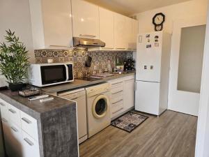 a kitchen with a washing machine and a microwave at le capitole in Fréjus +3 photos