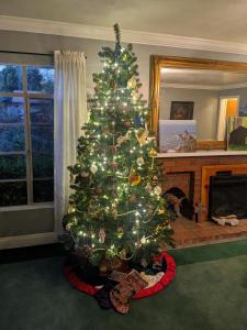 un árbol de Navidad en una sala de estar con chimenea en The Parks Inn, en Three Rivers