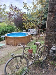a bike parked next to a swimming pool at ViLA VELLA 1 in Santa Pau