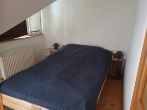 a bedroom with a bed with a blue comforter at Révész in Mosonmagyaróvár