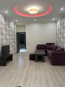 a living room with a purple couch and a tv at Apartment in the city center on Bagramyan avenue 23 in Yerevan