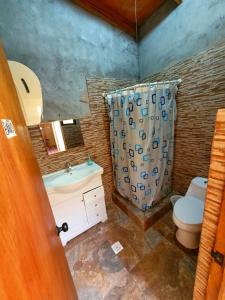 a bathroom with a toilet and a sink and a shower curtain at Xperience Hostel in San Pedro de Atacama