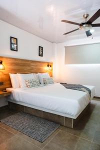 a bedroom with a large bed with a ceiling fan at Central Suites by H&R in Villeta +24 photos