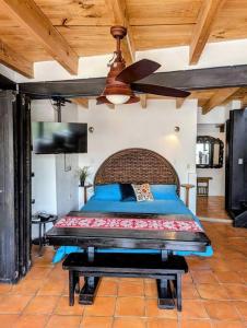 ein Schlafzimmer mit einem Bett und einem Deckenventilator in der Unterkunft Spacious Studio Boasting Breathtaking Views in Guanajuato