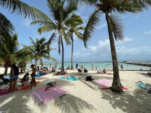 a group of people on a beach with palm trees at Bethanie in Le Gosier