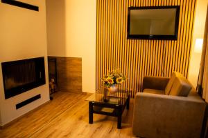 a living room with a couch and a television at Agroturystyka domek na Roztoczu Pod lasem u Surajów in Huta Lubycka