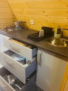 Kuchyň nebo kuchyňský kout v ubytování Aux Étangs de Jourgnac - Cabane MégaPod