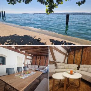 a collage of photos of a boat on the water at Historic cozy flat in Citycenter by Lake Constance in Überlingen