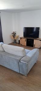 a couch in a living room with a flat screen tv at Gîte des deux L in Saint-Simon