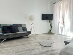 een woonkamer met een bank en een televisie bij B&B Ilien in Bellinzona