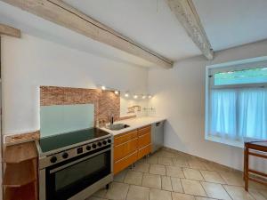 a kitchen with a stove and a sink and a window at Ferienhaus E3 in Etzmannsdorf bei Straning